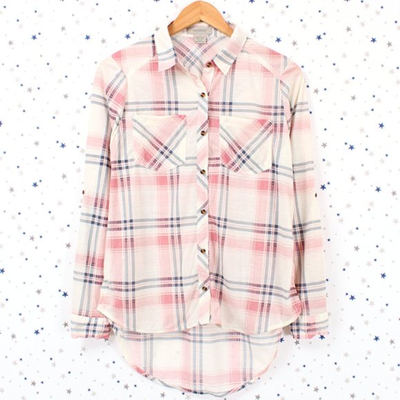 Knit Plaid Button Up Shirt Hi Lo Hem Ivory Coral Blue - Picture 1 of 8